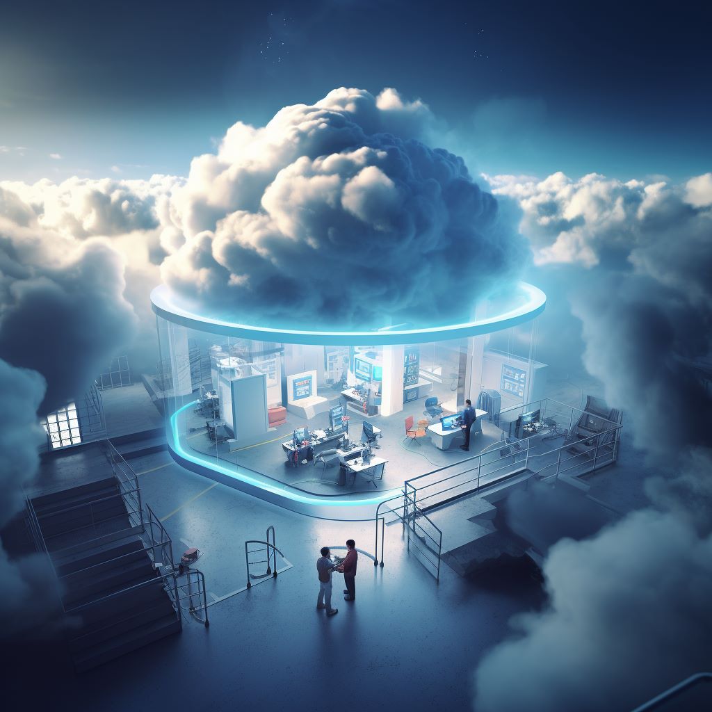 A 3D render of a futuristic office in the clouds where software developers work securely.