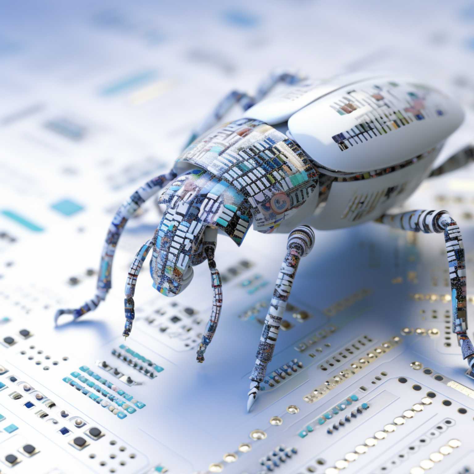 3d render of a robotic bug on a computer circuit